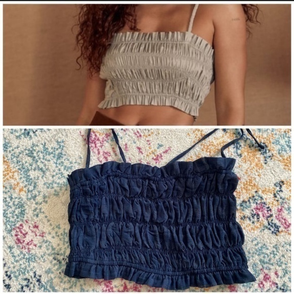 Lulus Navy Blue Ruched Elastic Smocked Crop Spaghetti Strap Tie Strap Tank Top